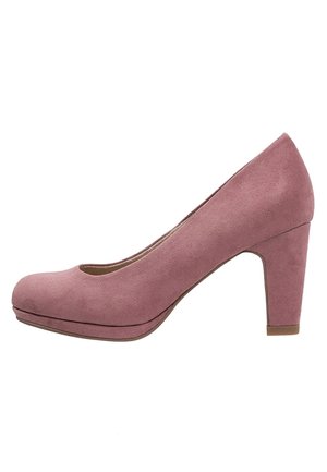Escarpin pour femme en daim mauve à talon haut, bout arrondi et talon bloc, présenté de profil droit sur fond blanc.
