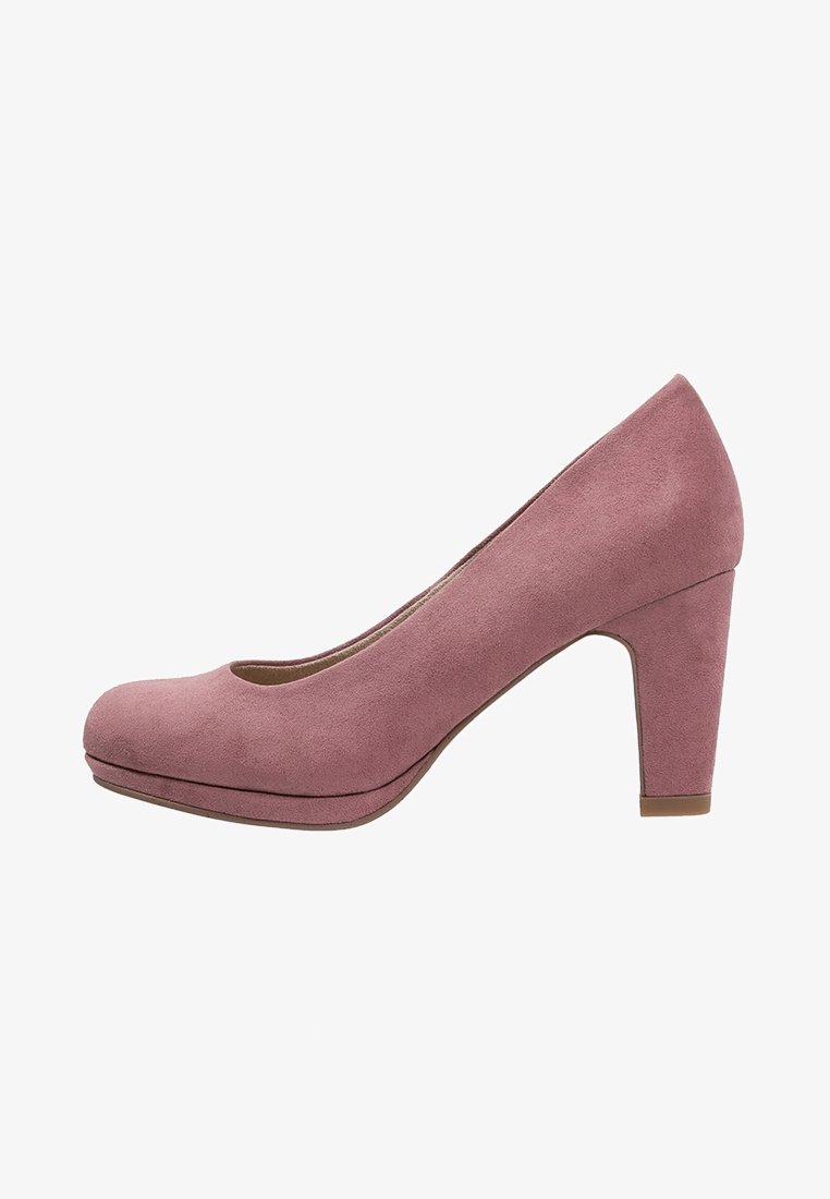 Escarpin pour femme en daim mauve à talon haut, bout arrondi et talon bloc, présenté de profil droit sur fond blanc.