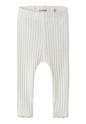 Kremowe legginsy dla niemowląt z prążkowanym splotem, małym wzorem z oczkami, elastyczną talią i koronkową lamówką przy kostkach, rozmiar 1-2 miesiące.