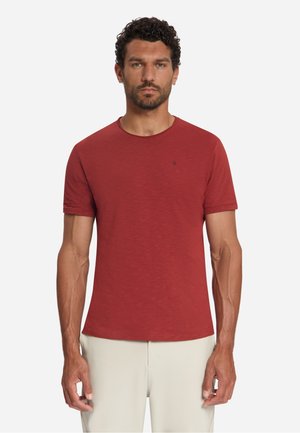 Man met kort krullend donker haar en baard, dragend een effen rood T-shirt met korte mouwen en lichtbeige broek, staand en naar voren kijkend.