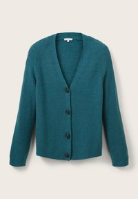 Cardigan en tricot bleu sarcelle à manches longues avec quatre boutons noirs sur le devant, posé à plat sur un fond clair.