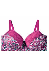 Soutien-gorge à armatures floral en rose vibrant avec dentelle et bretelles réglables, présentant un tissu à motif de fleurs en blanc, vert et bleu.