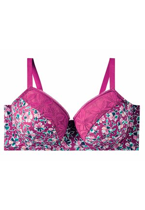 Soutien-gorge à armatures floral en rose vibrant avec dentelle et bretelles réglables, présentant un tissu à motif de fleurs en blanc, vert et bleu.