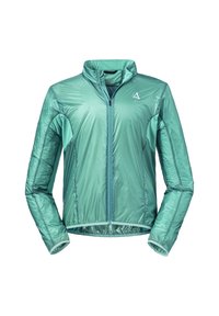 Chaqueta ligera de color verde menta con cremallera completa, cuello alto y detalles de costura en contraste. Presenta mangas largas y un diseño ajustado.