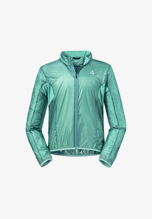 Lichte mintgroene jas met een volle rits, staande kraag en contrasterende naaddetails. Heeft lange mouwen en een getailleerd ontwerp.