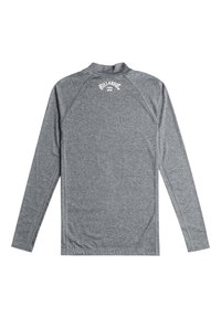 Camisa de manga larga en tejido gris jaspeado. Presenta un cuello alto, mangas raglán y un logo blanco impreso en la parte posterior del cuello.