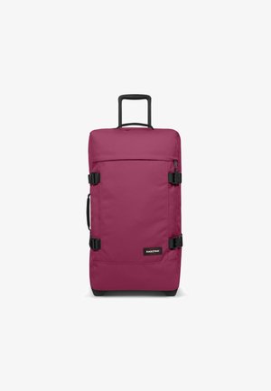 Duffel de ruedas color burdeos con un robusto mango retráctil, un mango lateral de agarre y hebillas ajustables para un cierre seguro. Textura de tela suave.