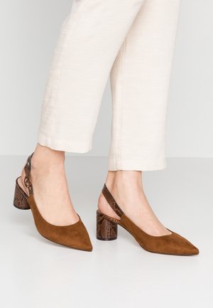 Tacones slingback de ante marrón con punta puntiaguda y tacones de bloque con estampado de piel de serpiente, usados con pantalones cortos de color blanco hueso sobre un suelo gris.