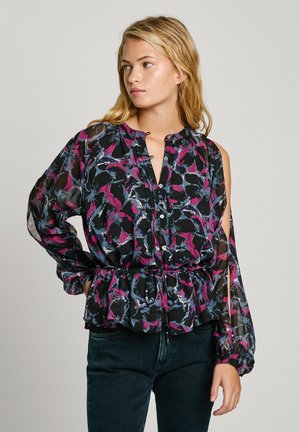Schwarze, durchsichtige Bluse mit buntem Blumenmuster in Rosa, Lila und Blau. Mit einer Knopfverschluss, Peplum-Taille und kalten Schulterdesign.