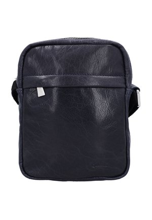 Kleine schwarze Leder-Crossbody-Tasche mit Reißverschluss, verstellbarem Riemen und dezentem Markenschild vorne.