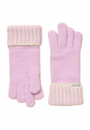Mäkké ružové pletené rukavice s krémovo pruhovanými manžetami, jedna rukavica ukazuje značkovú etiketu "Joules" na manžete.