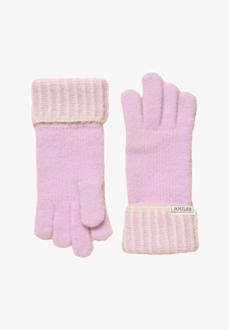 Gants en tricot rose doux avec poignets rayés crème, un gant montrant l'étiquette de la marque "Joules" sur le poignet.