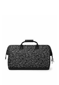 Sac de voyage noir avec des motifs artistiques en ligne blanche minimalistes. Dispose de poignées doubles, d'une fermeture éclair et d'une base texturée. Matériau en tissu lisse.