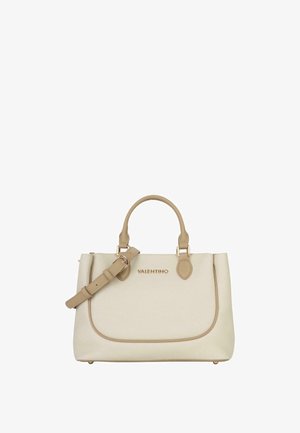 Sac à main beige Valentino avec deux poignées, une bandoulière ajustable et un logo doré sur le panneau avant.