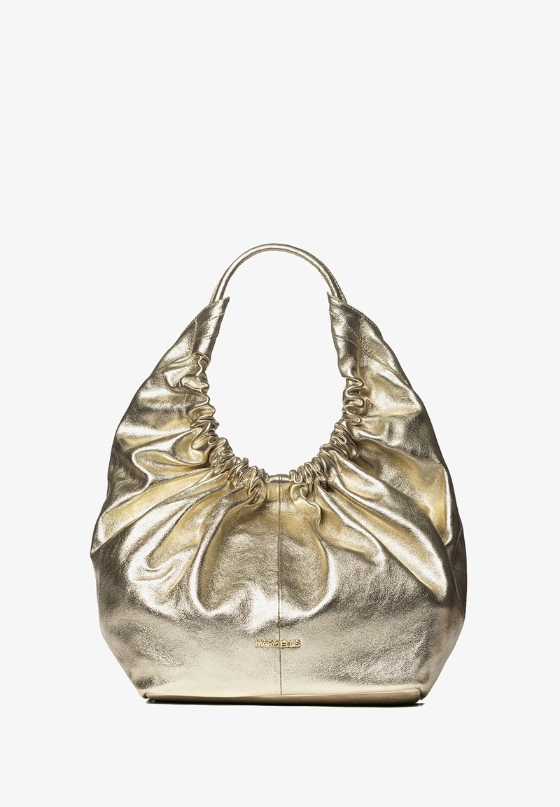 Gouden metallic handtas met gegatherde textuur, zachte oppervlakte en een ronde silhouet. Bevat een cirkelvormige handgreep en reliëf logo-detail.