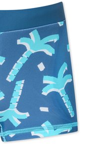 Modré plavecké šortky vyrobené z elastické tkaniny, s palmami v tyrkysové a bílé barvě, s pevným pasem a štepovaným lemem.