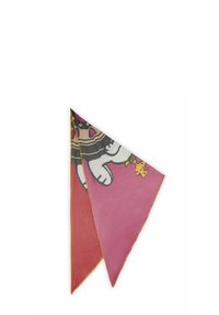 Écharpe en soie colorée en rose et rouge, avec un motif graphique, de forme triangulaire et des bords cousus contrastants.