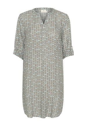 Gepatterneerde tuniek in lichtgrijs en blauw, met een zigzagdesign, korte mouwen en een v-hals. Gemaakt van een lichtgewicht stof.