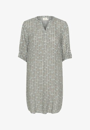 Musterndes Tunika in Hellgrau und Blau, mit einem Zickzackdesign, kurzen Ärmeln und einem V-Ausschnitt. Hergestellt aus leichtem Stoff.