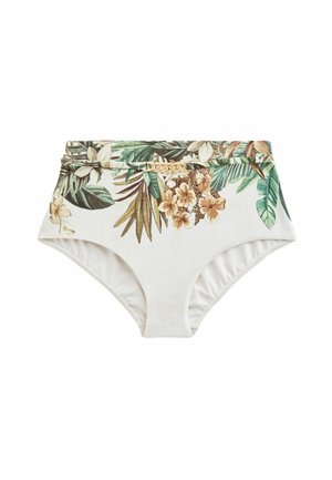 Augsta vidukļa bikini apakšdaļa ar tropu lapu un ziedu rakstu zaļā, brūnā un bēšā krāsā, ar mazu zelta ķēdes detaļu vidukļa daļā.