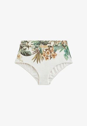 Bas de bikini taille haute avec imprimé de feuilles tropicales et fleurs en vert, marron et beige, avec un petit détail de chaîne dorée à la taille.