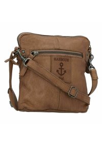 Borsa a tracolla in pelle marrone chiaro con chiusura a zip, con una toppa a forma di ancora, tracolla regolabile e superficie testurizzata.