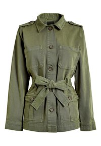 Olijfgroene utility-jas gemaakt van gestructureerde katoen. Voorzien van een ceintuur in de taille, twee zakken aan de voorkant en knoopsluitingen. Militair geïnspireerd ontwerp.