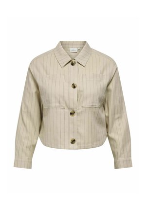 Beige collared jacket with vertical pinstripes, two front pockets, and brown buttons. Cropped design and long sleeves. Cotton blend material.