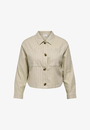 Beige collared jacket with vertical pinstripes, two front pockets, and brown buttons. Cropped design and long sleeves. Cotton blend material.