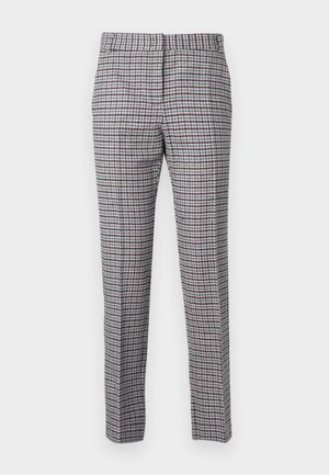 Gecontroleerde broeken in een mix van grijs, rood en blauw. Beschikt over een rechte pijpdesign, tailleband met lussen en persplooien.