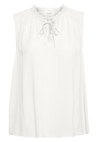 Top bianco senza maniche realizzato in tessuto morbido, con scollatura bordata in pizzo e dettaglio con fiocco, con delicati arricciamenti sulle spalle.
