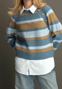Pull rayé dans des tons de bleu et de marron avec un ourlet côtelé, présentant des boutons décoratifs sur une épaule, superposé à une chemise blanche à col.