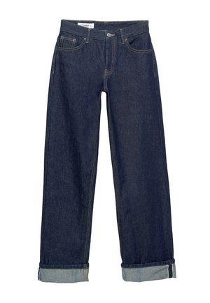 Dark blue denim jeans with a wide-leg design, featuring a folded hem and classic five-pocket styling. Finished with golden stitching accents.