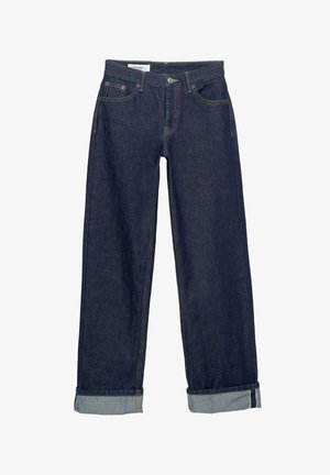 Blugi din denim de culoare albastru închis, cu un design cu picioare largi, având un tiv pliat și stil clasic cu cinci buzunare. Finisaj cu accente de cusătură aurie.