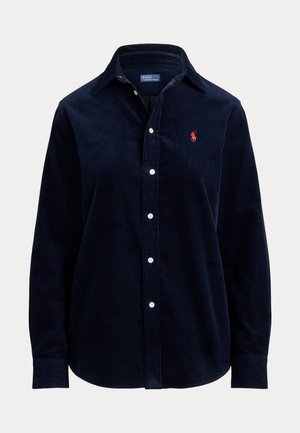 Hosszú ujjú tengerészkék kordbársony ing fehér gombokkal és piros hímzett Polo Ralph Lauren logóval a mellkason.
