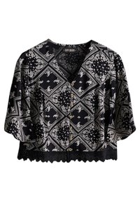 Schwarze kurz geschnittene Bluse mit weißem Paisley- und geometrischem Druck, Frontknöpfen, Dreiviertelärmeln und Spitzenbesatz am Saum.