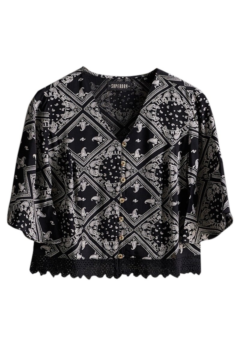 Schwarze kurz geschnittene Bluse mit weißem Paisley- und geometrischem Druck, Frontknöpfen, Dreiviertelärmeln und Spitzenbesatz am Saum.