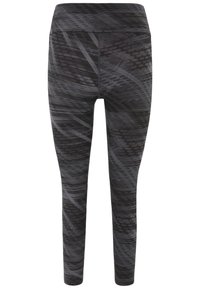 Leggings neri a fantasia con una combinazione di linee grigio scuro e grigio chiaro, dal design elegante e aderente, con una vita alta.