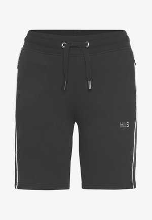 Schwarze Baumwollmischung-Shorts mit elastischem Bund, Kordelzug, seitlichen Streifen und gesticktem "H.I.S."-Logo auf der Vorderseite.