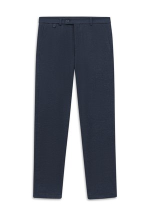 Dunkelblaue, maßgeschneiderte Hose mit Gürtelschlaufen, vorderer Knopf- und Reißverschluss sowie seitlichen Taschen, flach auf weißem Hintergrund präsentiert.