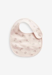 Bavaglino in cotone rosa con un motivo di piccoli coniglietti e fiori, dalla forma arrotondata e con una chiusura a scatto per una facile chiusura.
