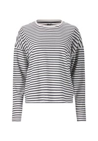 Witte lange mouwen shirt met marineblauwe horizontale strepen. Gemaakt van zachte stof, heeft een ronde hals en een relaxte pasvorm.