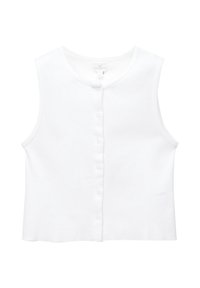 Haut blanc sans manches en tissu doux, avec un col rond et un devant boutonné. Texture lisse sans motifs.