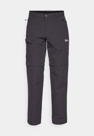 Pantaloni da trekking neri con zip realizzati in tessuto leggero, dotati di tasche con zip, chiusura a bottone e design a gamba dritta.