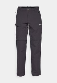 Zwarte outdoorbroek met afritsbare pijpen en zakken met rits op een effen achtergrond.