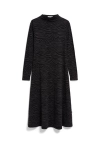 Schwarzes, langärmliges Midikleid mit hohem Kragen und dunkelgrauem Zebra-Streifenmuster, flach auf weißem Hintergrund präsentiert.