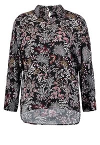 Langärmlige Bluse aus schwarzem Stoff mit floralem Muster in Pink, Weiß und Gold. Verfügt über einen Kragen und eine Knopfleiste vorne. Hoch-niedrig geschnitten.