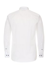 Weißes Langarmhemd mit klassischem Kragen, featuring schwarze Knopfdetail an den Manschetten und einer glatten, kontrastierenden Stofftextur.