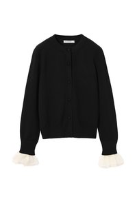 Crna cardigan jakna s okruglim izrezom, prednjim kopčanjem na dugmadi i dugim rukavima. Manžetne imaju bijele volanice za dodatnu dekoraciju. Mekani pleteni materijal.