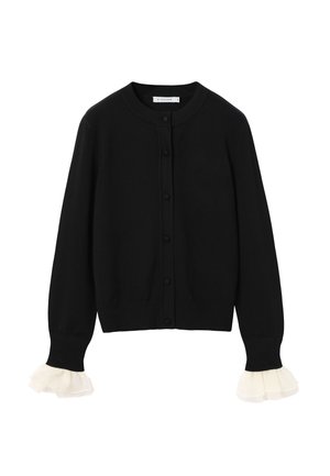 Cardigan noir avec un col rond, fermeture à boutons sur le devant et manches longues. Les poignets sont ornés de détails volants blancs pour un plus de style. Matériau en maille douce.